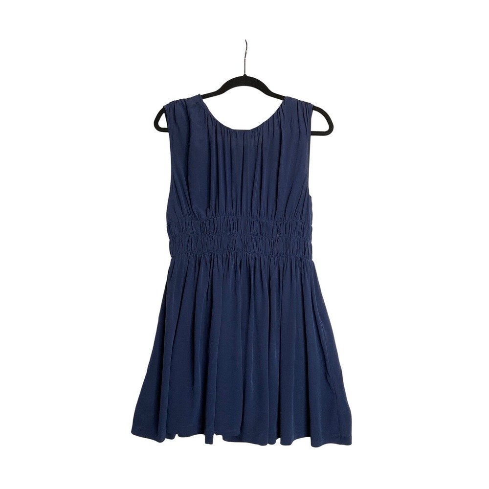 Joie Blue Silk Mini Dress Sleeveless Babydoll Milkmaid Stretch Ruched Waist L